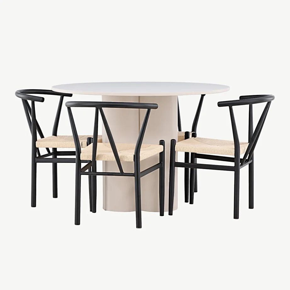 Olivia ümmarguse söögilaua ja Alfonsi rotangist toolide komplekt, beež MDF, must metall, Ø110 cm, GR24434 – 6