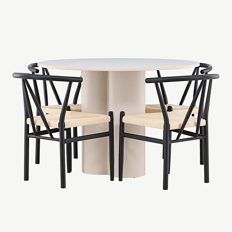 Olivia ümmarguse söögilaua ja Alfonsi rotangist toolide komplekt, beež MDF, must metall, Ø110 cm - GR24434