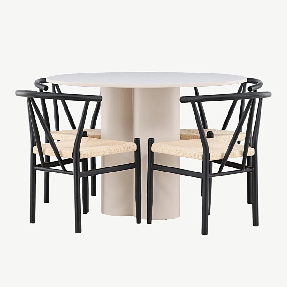 Olivia ümmarguse söögilaua ja Alfonsi rotangist toolide komplekt, beež MDF, must metall, Ø110 cm, GR24434 – 7