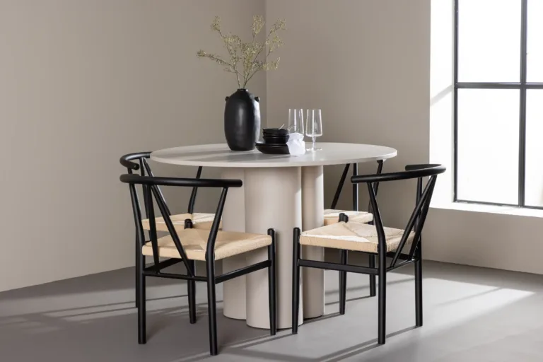 Olivia ümmarguse söögilaua ja Alfonsi rotangist toolide komplekt, beež MDF, must metall, Ø110 cm - GR24434