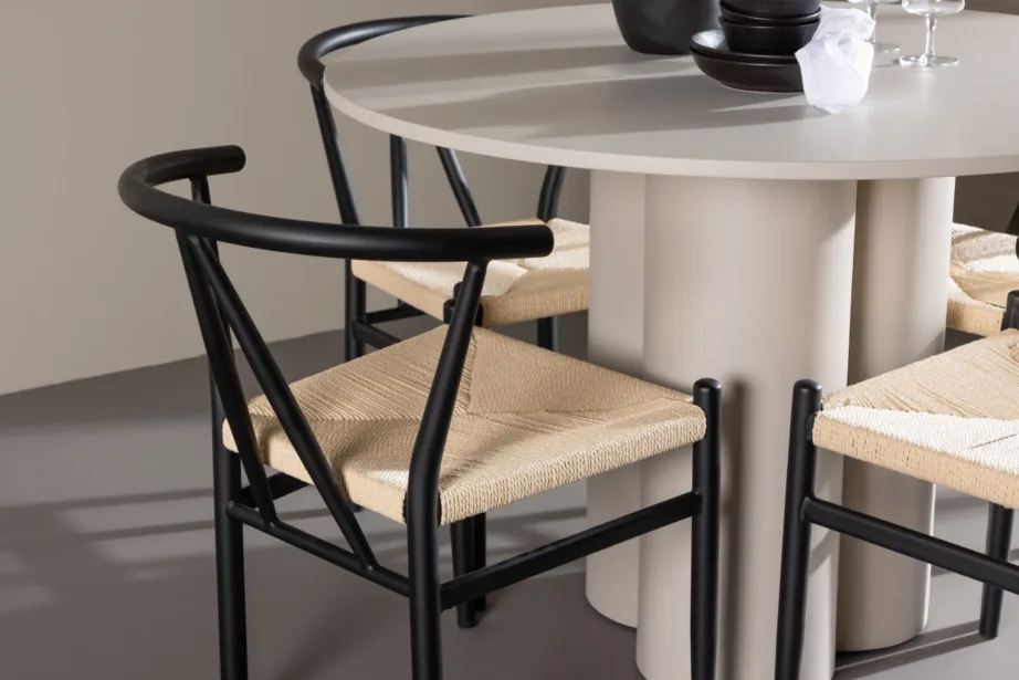Olivia ümmarguse söögilaua ja Alfonsi rotangist toolide komplekt, beež MDF, must metall, Ø110 cm, GR24434 – 9