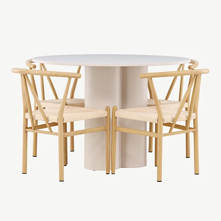 Ümmargune beež söögilaud Olivia ja rotangist istmega toolid Alfons (MDF, teras, ø110 cm) - GR24435