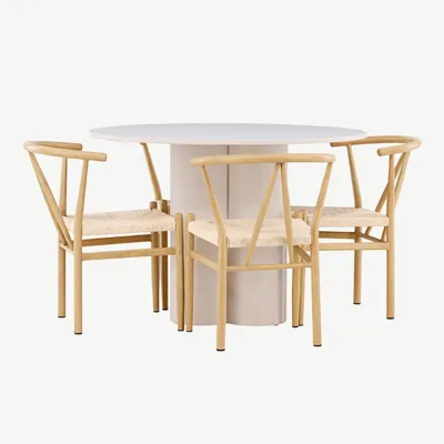 Ümmargune beež söögilaud Olivia ja rotangist istmega toolid Alfons (MDF, teras, ø110 cm) - GR24435