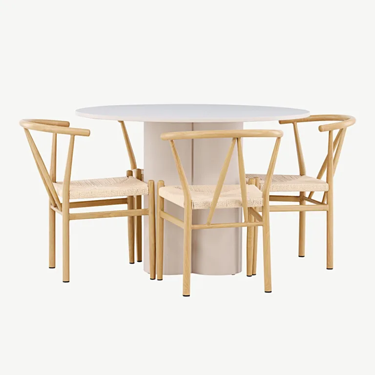 Ümmargune beež söögilaud Olivia ja rotangist istmega toolid Alfons (MDF, teras, ø110 cm) - GR24435