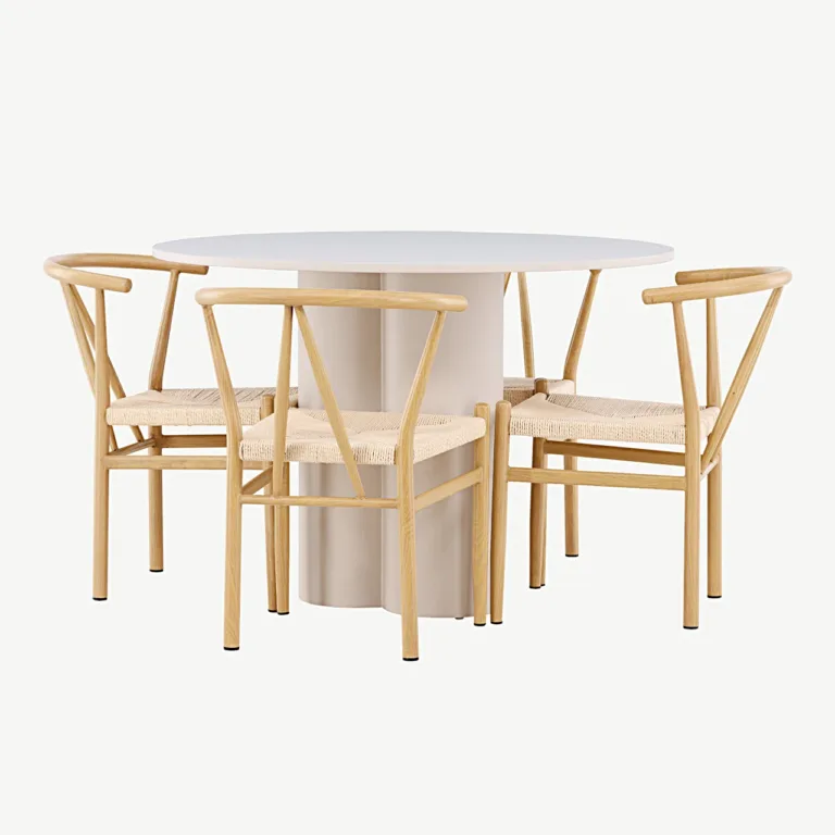 Ümmargune beež söögilaud Olivia ja rotangist istmega toolid Alfons (MDF, teras, ø110 cm) - GR24435