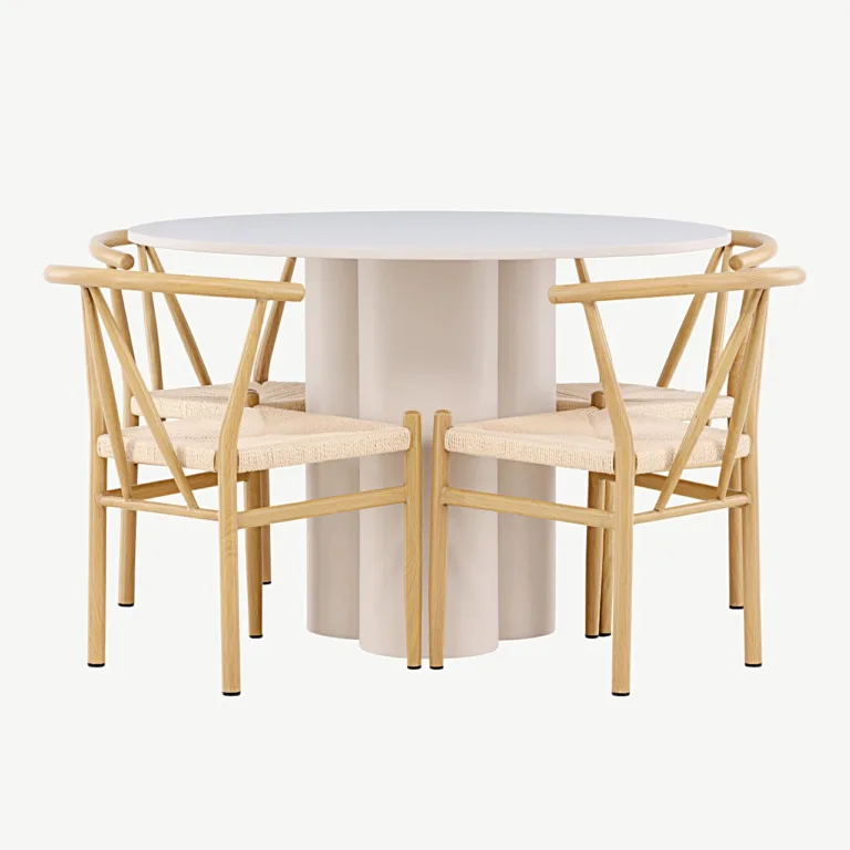 Ümmargune beež söögilaud Olivia ja rotangist istmega toolid Alfons (MDF, teras, ø110 cm) - GR24435
