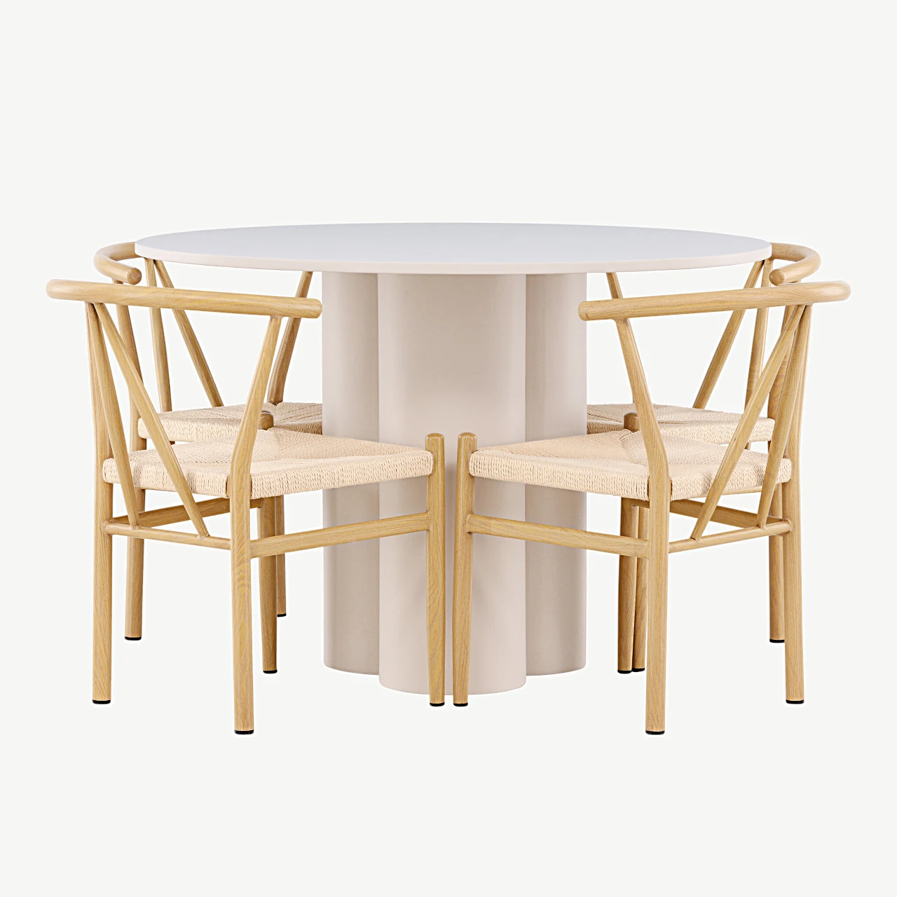Ümmargune beež söögilaud Olivia ja rotangist istmega toolid Alfons (MDF, teras, ø110 cm) - GR24435