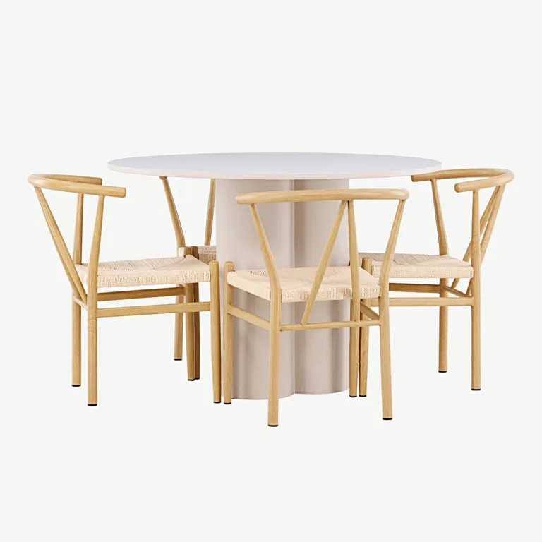 Ümmargune beež söögilaud Olivia ja rotangist istmega toolid Alfons (MDF, teras, ø110 cm) - GR24435