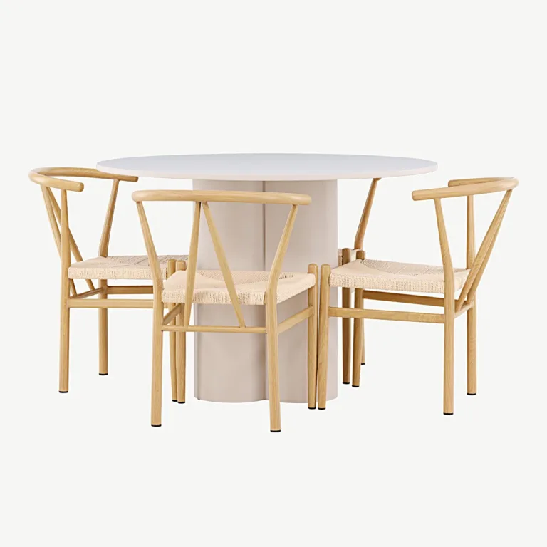 Ümmargune beež söögilaud Olivia ja rotangist istmega toolid Alfons (MDF, teras, ø110 cm) - GR24435
