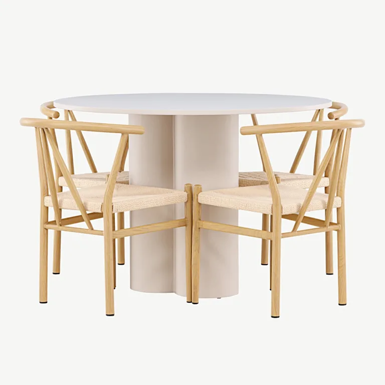 Ümmargune beež söögilaud Olivia ja rotangist istmega toolid Alfons (MDF, teras, ø110 cm) - GR24435