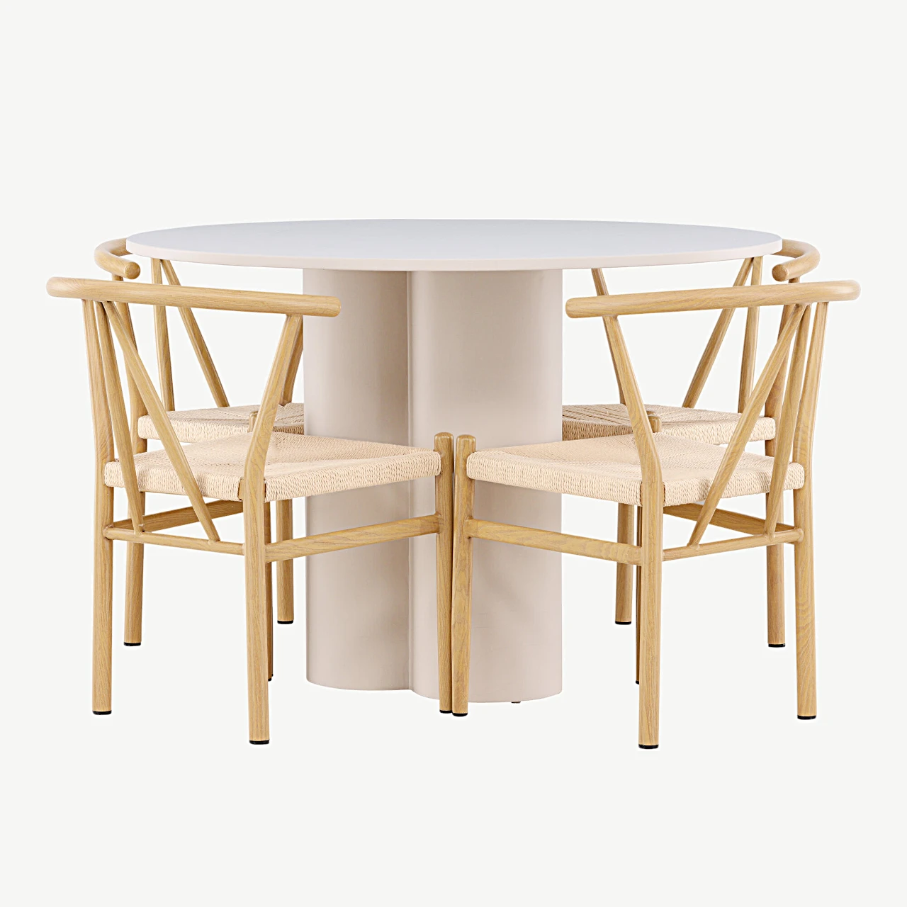Ümmargune beež söögilaud Olivia ja rotangist istmega toolid Alfons (MDF, teras, ø110 cm) - GR24435