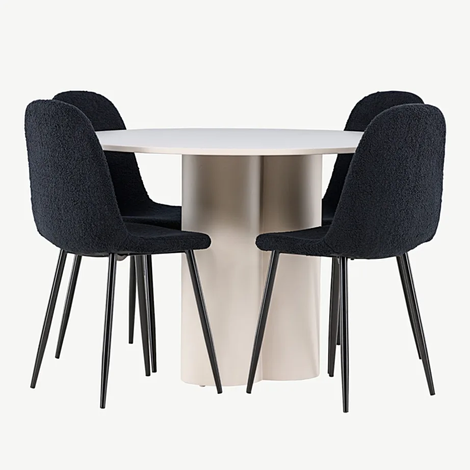 Ümmargune beež MDF söögilaud Olivia ja musta buklee kattega Polar toolid (4 tk), GR24436