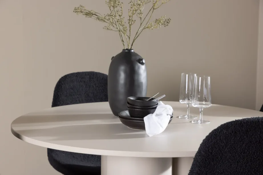 Ümmargune beež MDF söögilaud Olivia ja musta buklee kattega Polar toolid (4 tk), GR24436 – 10