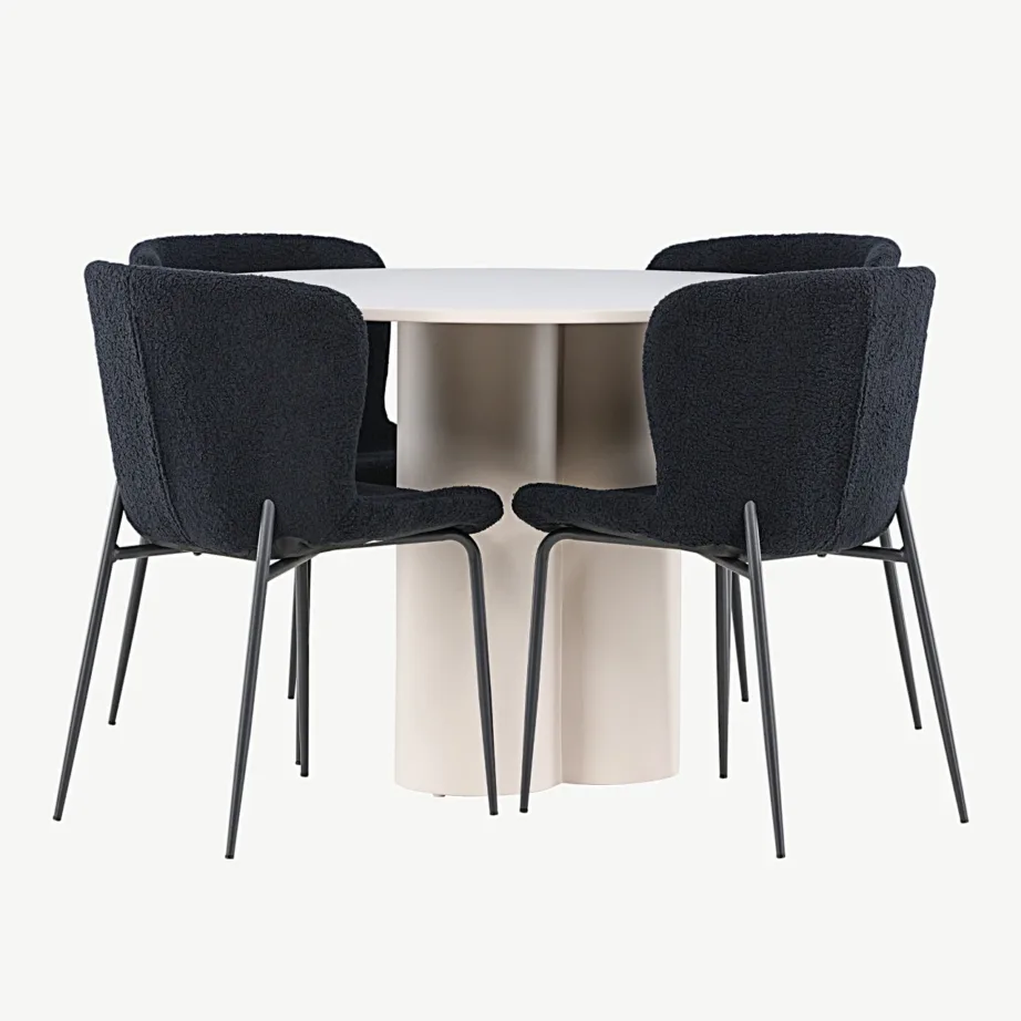 Beež ümmargune söögilaud Olivia MDF ja mustad polüesterkangast Modesto toolid, GR24437 – 2