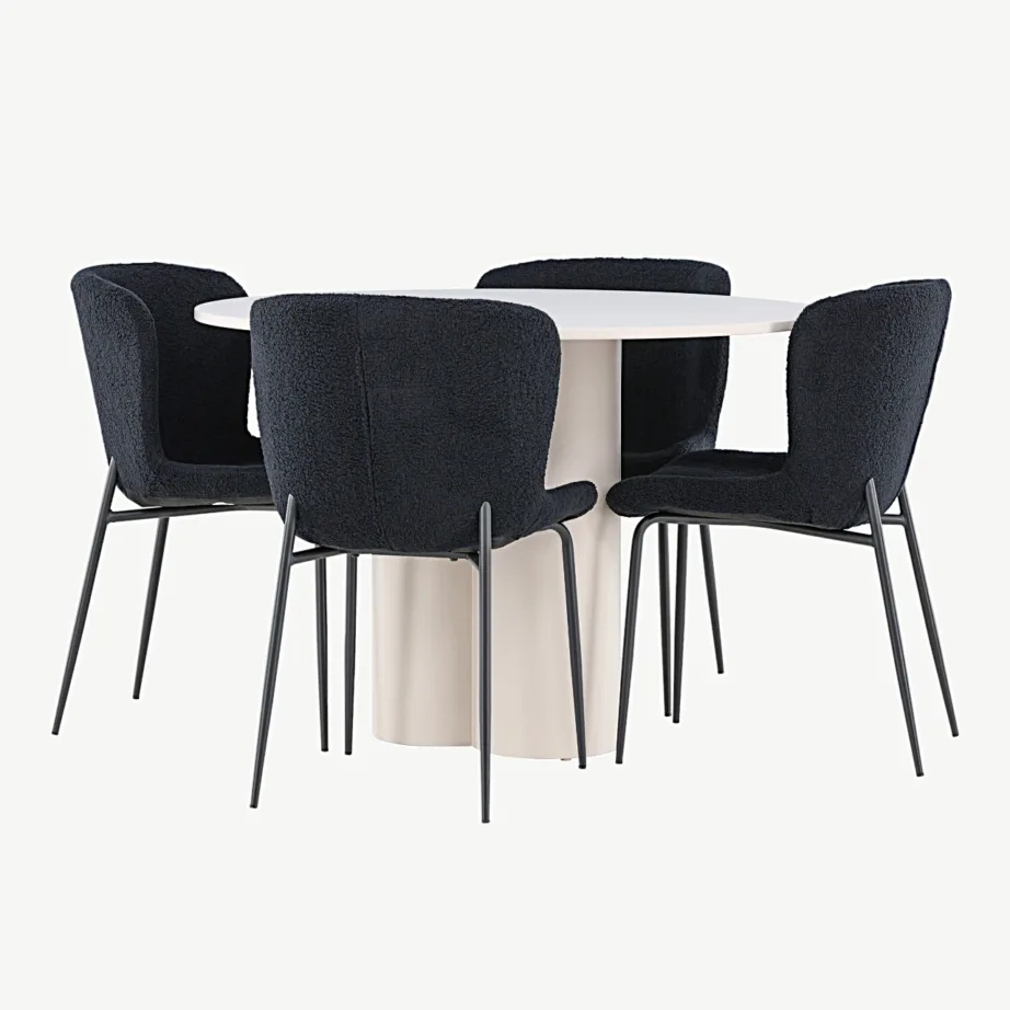 Beež ümmargune söögilaud Olivia MDF ja mustad polüesterkangast Modesto toolid, GR24437