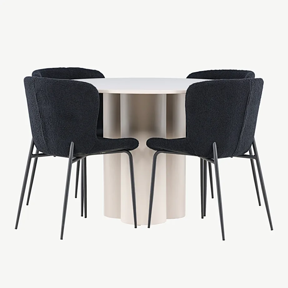 Beež ümmargune söögilaud Olivia MDF ja mustad polüesterkangast Modesto toolid, GR24437 – 4