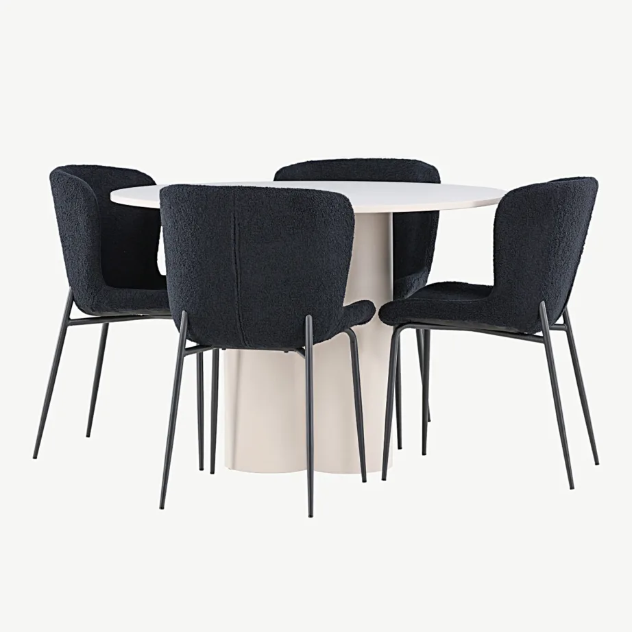 Beež ümmargune söögilaud Olivia MDF ja mustad polüesterkangast Modesto toolid, GR24437 – 6