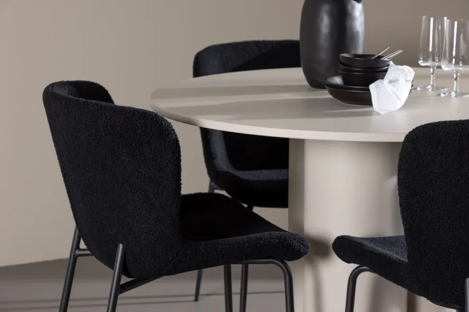 Beež ümmargune söögilaud Olivia MDF ja mustad polüesterkangast Modesto toolid, GR24437 – 9