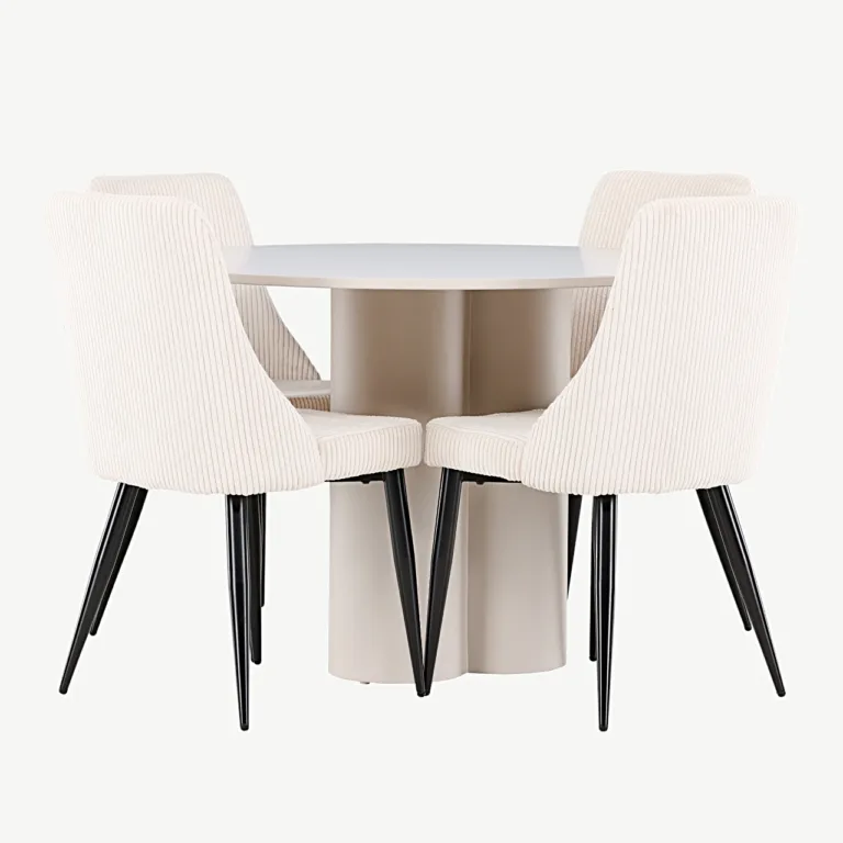 Ümmargune söögilauakomplekt Olivia (MDF, beež, ø110 cm) ja 4 Leone tooli (beež polüesterkord) - GR24441