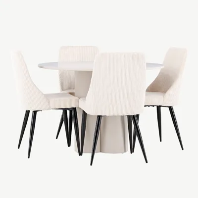 Ümmargune söögilauakomplekt Olivia (MDF, beež, ø110 cm) ja 4 Leone tooli (beež polüesterkord) - GR24441