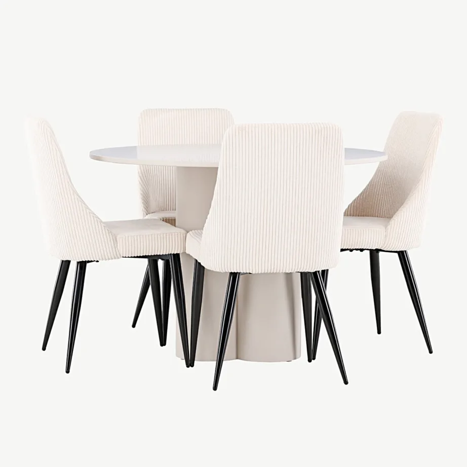 Ümmargune söögilauakomplekt Olivia (MDF, beež, ø110 cm) ja 4 Leone tooli (beež polüesterkord), GR24441