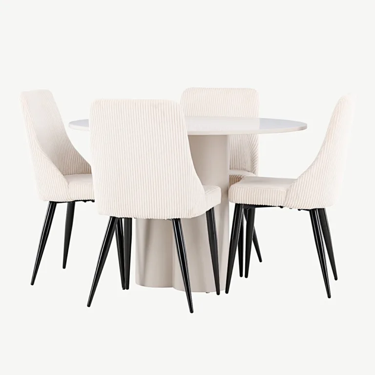 Ümmargune söögilauakomplekt Olivia (MDF, beež, ø110 cm) ja 4 Leone tooli (beež polüesterkord) - GR24441