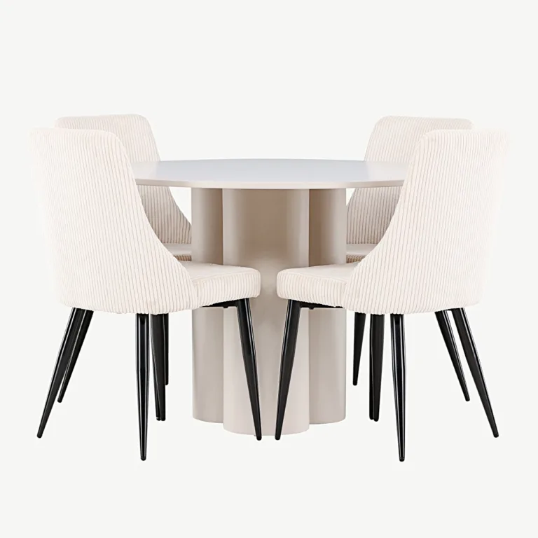 Ümmargune söögilauakomplekt Olivia (MDF, beež, ø110 cm) ja 4 Leone tooli (beež polüesterkord) - GR24441