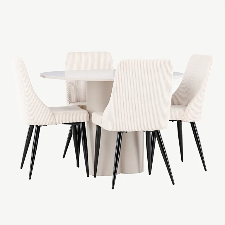 Ümmargune söögilauakomplekt Olivia (MDF, beež, ø110 cm) ja 4 Leone tooli (beež polüesterkord) - GR24441