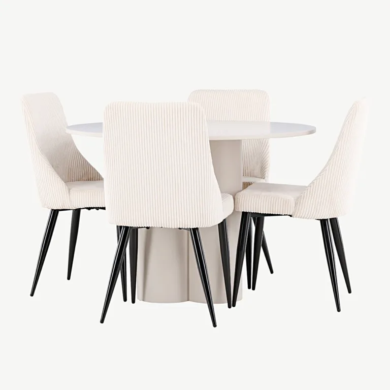 Ümmargune söögilauakomplekt Olivia (MDF, beež, ø110 cm) ja 4 Leone tooli (beež polüesterkord) - GR24441
