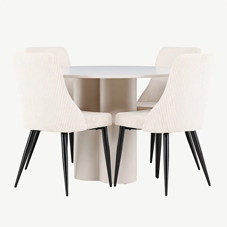 Ümmargune söögilauakomplekt Olivia (MDF, beež, ø110 cm) ja 4 Leone tooli (beež polüesterkord) - GR24441