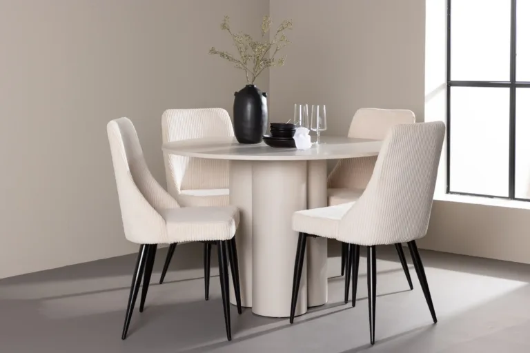 Ümmargune söögilauakomplekt Olivia (MDF, beež, ø110 cm) ja 4 Leone tooli (beež polüesterkord) - GR24441