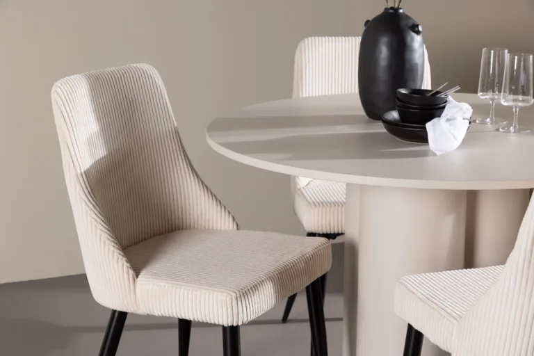 Ümmargune söögilauakomplekt Olivia (MDF, beež, ø110 cm) ja 4 Leone tooli (beež polüesterkord) - GR24441