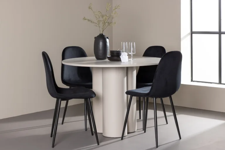 Ümmarguse Olivia MDF-söögilaua ja mustade velvetkattega Polar toolide komplekt - GR24443