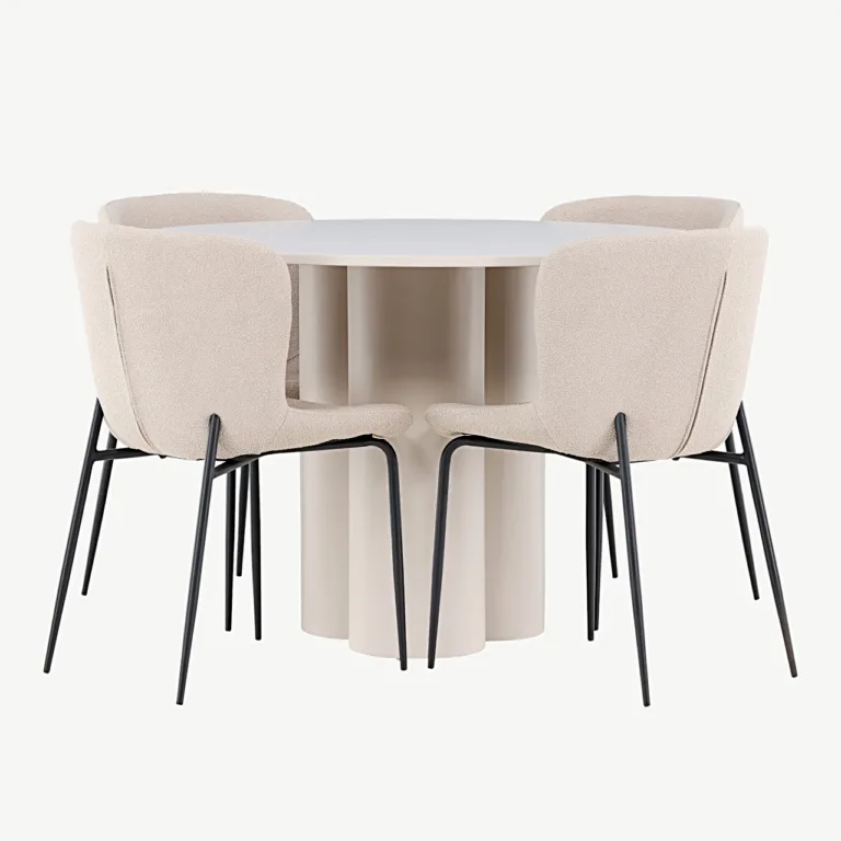 Ümmargune söögilaud Olivia koos nelja beeži Modesto bukleetooliga (MDF, ø110 cm) - GR24445