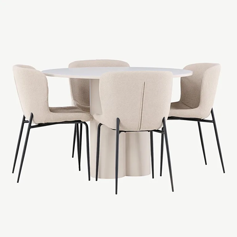 Ümmargune söögilaud Olivia koos nelja beeži Modesto bukleetooliga (MDF, ø110 cm) - GR24445