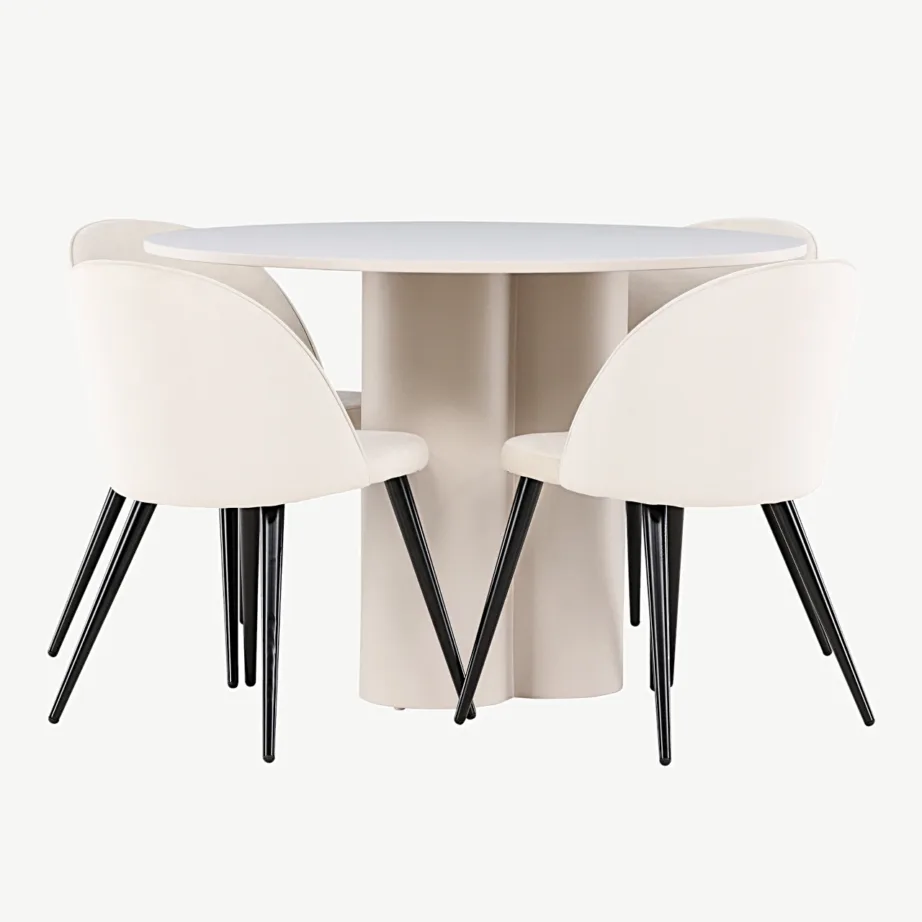 Olivia ümmargune söögilauakomplekt, beež MDF-laud ja sametist toolid, GR24447 – 2