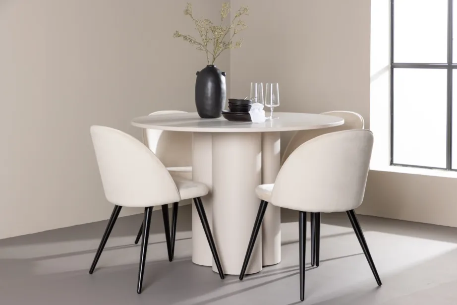 Olivia ümmargune söögilauakomplekt, beež MDF-laud ja sametist toolid, GR24447 – 8