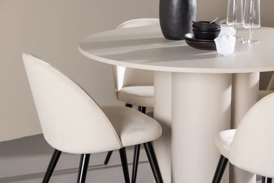 Olivia ümmargune söögilauakomplekt, beež MDF-laud ja sametist toolid, GR24447 – 9