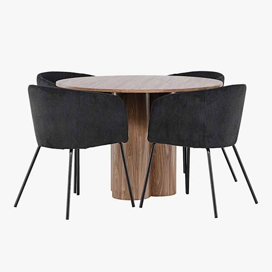 Ümmargune söögilauakomplekt Olivia mokatoonis MDF-ist lauaga ja 4 musta Manchester-kangaga Berit tooliga, GR24464 – 2