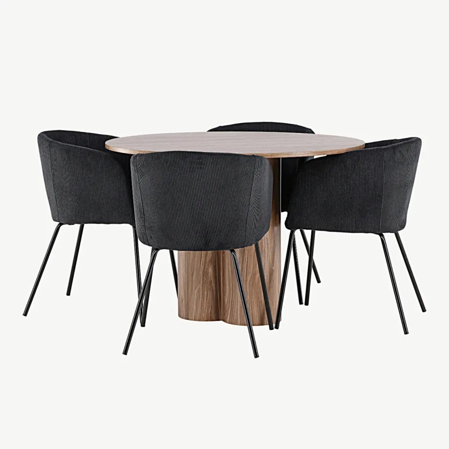 Ümmargune söögilauakomplekt Olivia mokatoonis MDF-ist lauaga ja 4 musta Manchester-kangaga Berit tooliga, GR24464 – 3
