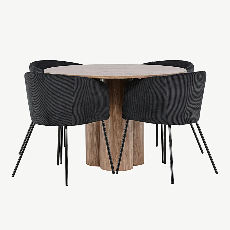 Ümmargune söögilauakomplekt Olivia mokatoonis MDF-ist lauaga ja 4 musta Manchester-kangaga Berit tooliga, GR24464 – 4