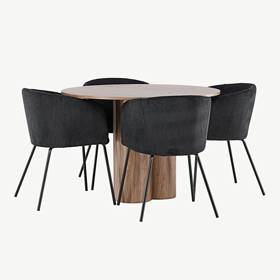 Ümmargune söögilauakomplekt Olivia mokatoonis MDF-ist lauaga ja 4 musta Manchester-kangaga Berit tooliga, GR24464 – 5