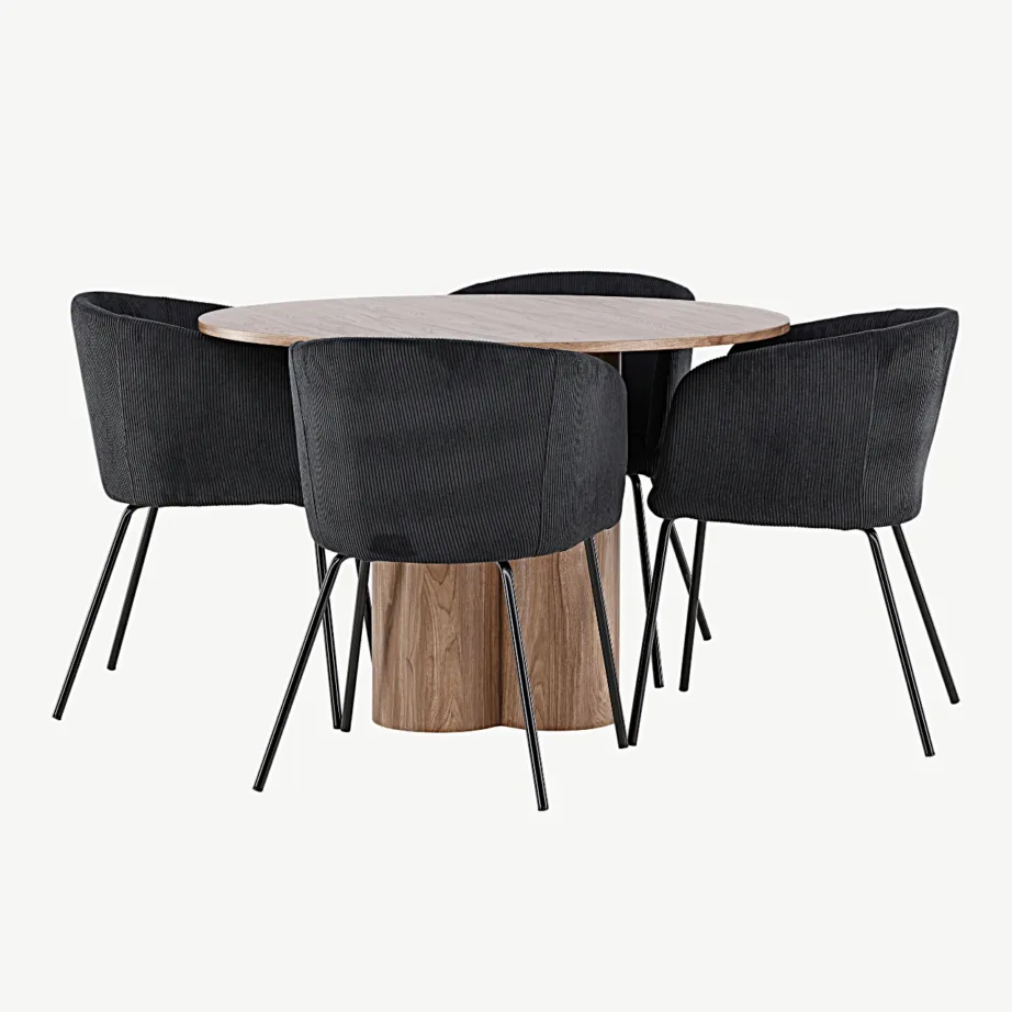 Ümmargune söögilauakomplekt Olivia mokatoonis MDF-ist lauaga ja 4 musta Manchester-kangaga Berit tooliga, GR24464 – 6
