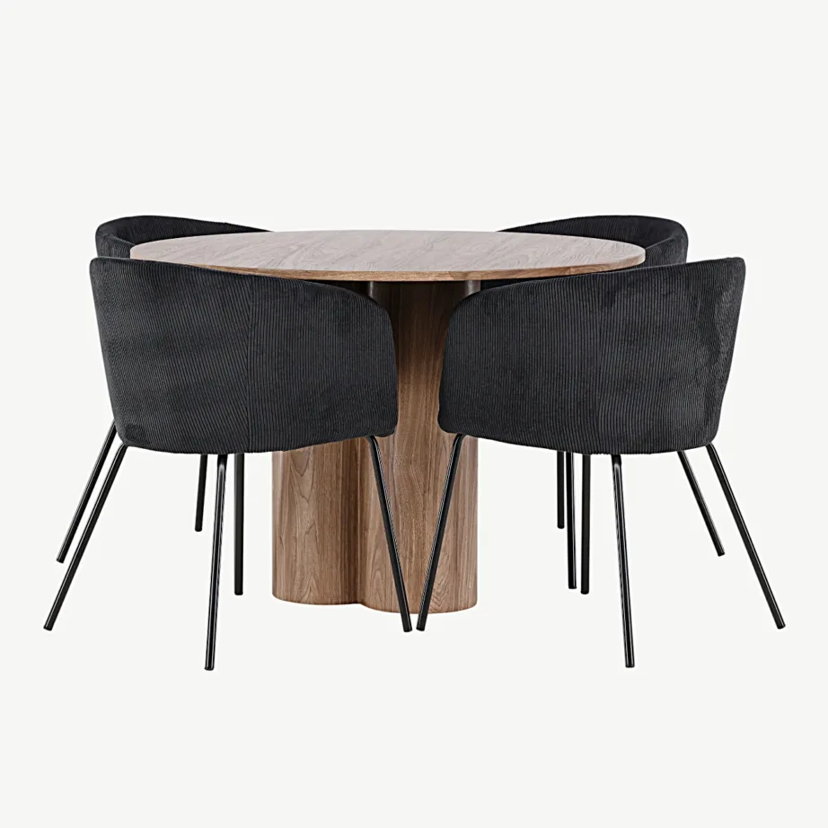 Ümmargune söögilauakomplekt Olivia mokatoonis MDF-ist lauaga ja 4 musta Manchester-kangaga Berit tooliga, GR24464 – 7
