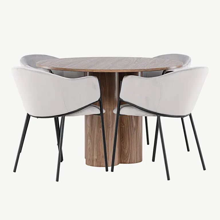 Ümmargune söögilaud Olivia (MDF, moka toon, ø110 cm) ja polsterdatud toolid Evelina (helehall samet, terasraam) - GR24469