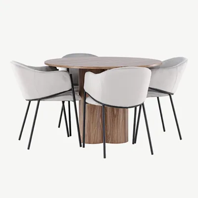 Ümmargune söögilaud Olivia (MDF, moka toon, ø110 cm) ja polsterdatud toolid Evelina (helehall samet, terasraam) - GR24469