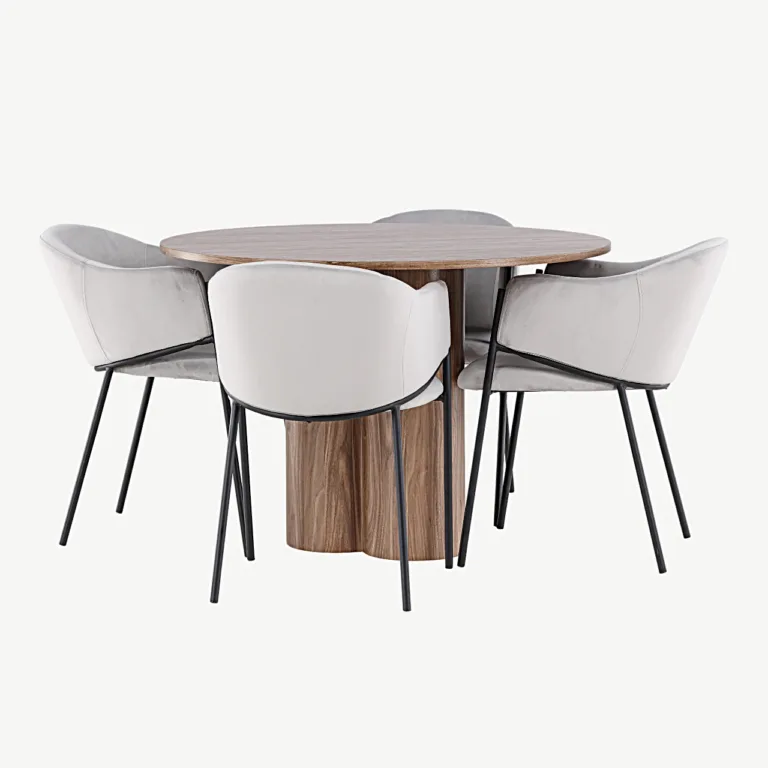 Ümmargune söögilaud Olivia (MDF, moka toon, ø110 cm) ja polsterdatud toolid Evelina (helehall samet, terasraam) - GR24469