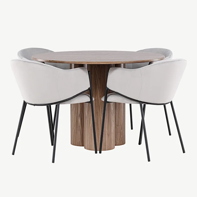 Ümmargune söögilaud Olivia (MDF, moka toon, ø110 cm) ja polsterdatud toolid Evelina (helehall samet, terasraam) - GR24469