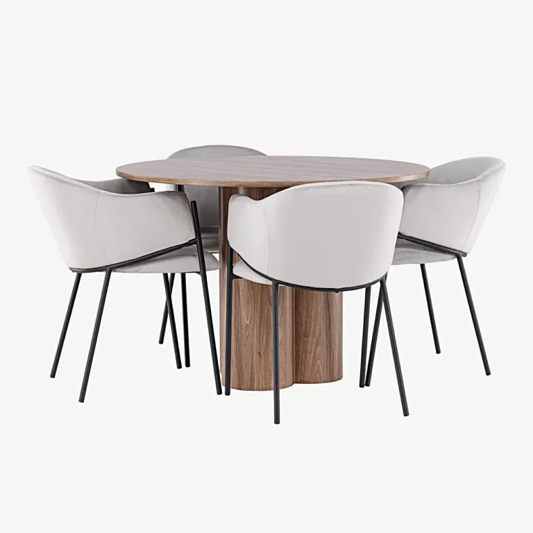 Ümmargune söögilaud Olivia (MDF, moka toon, ø110 cm) ja polsterdatud toolid Evelina (helehall samet, terasraam) - GR24469