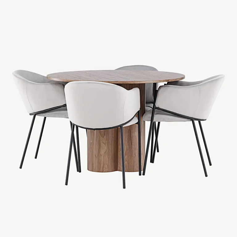Ümmargune söögilaud Olivia (MDF, moka toon, ø110 cm) ja polsterdatud toolid Evelina (helehall samet, terasraam) - GR24469